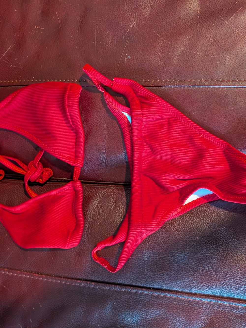 Red Ribbed Triangle Bikini Set - Women Swim
